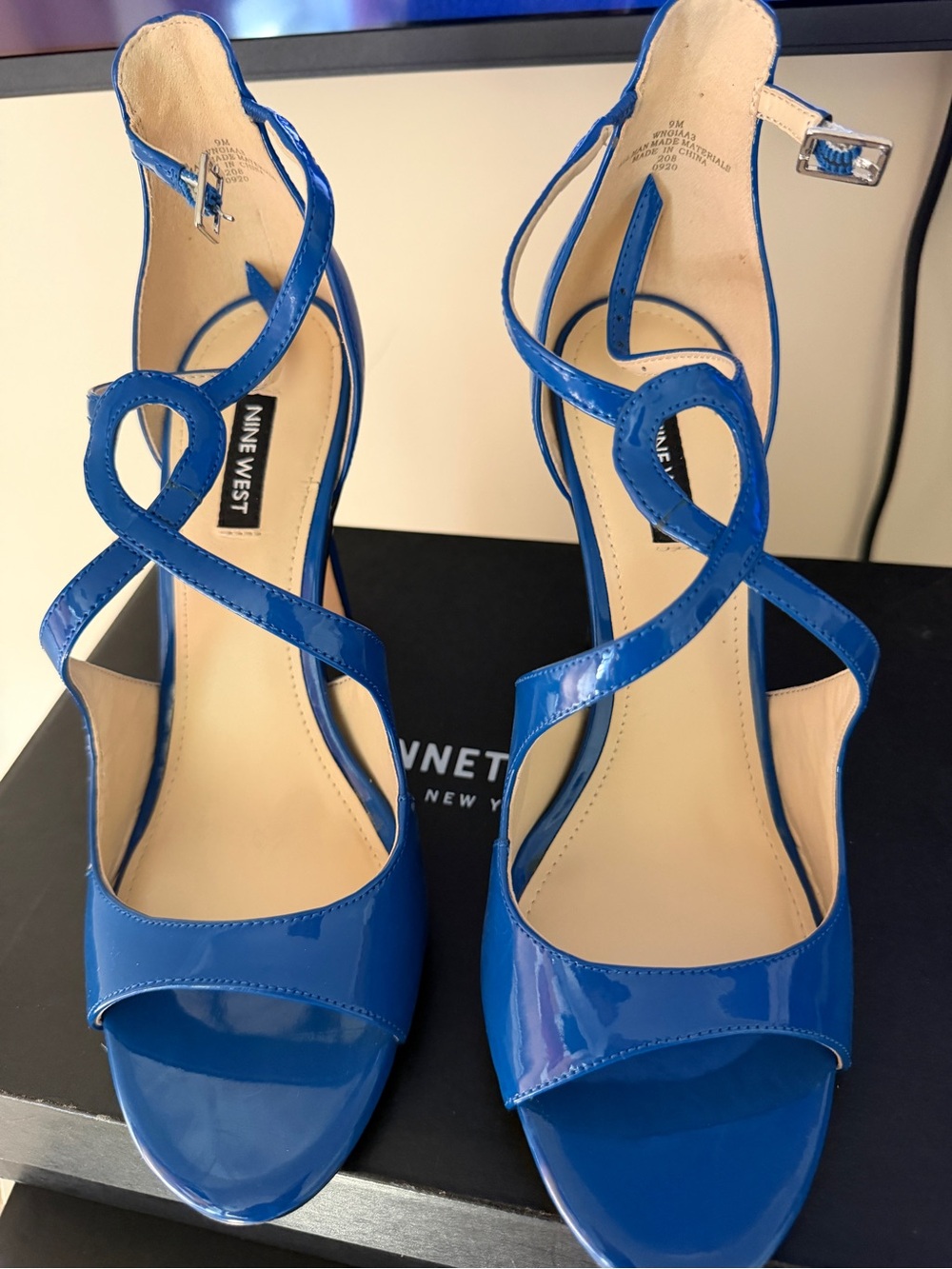 Nine West Giaa Cobalt Patent Loop-Strap Slingback Heels